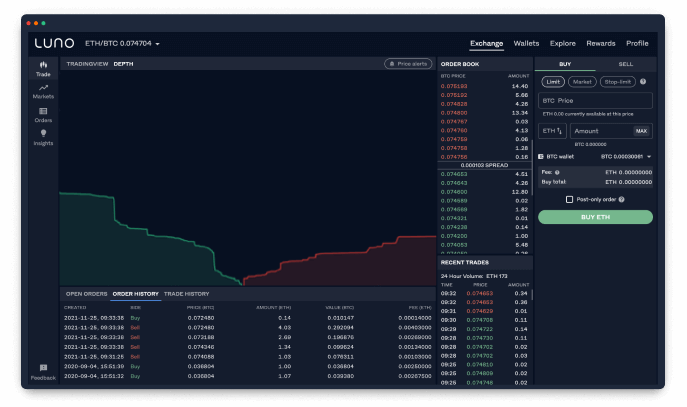 screenshot of Luno exchange speed